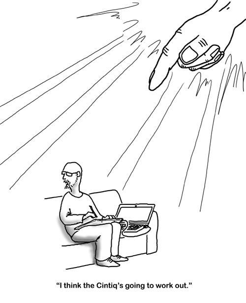 (me on the sofa using my Cintiq, while the hand of God points to it) I think the Cintiq's going to work out.